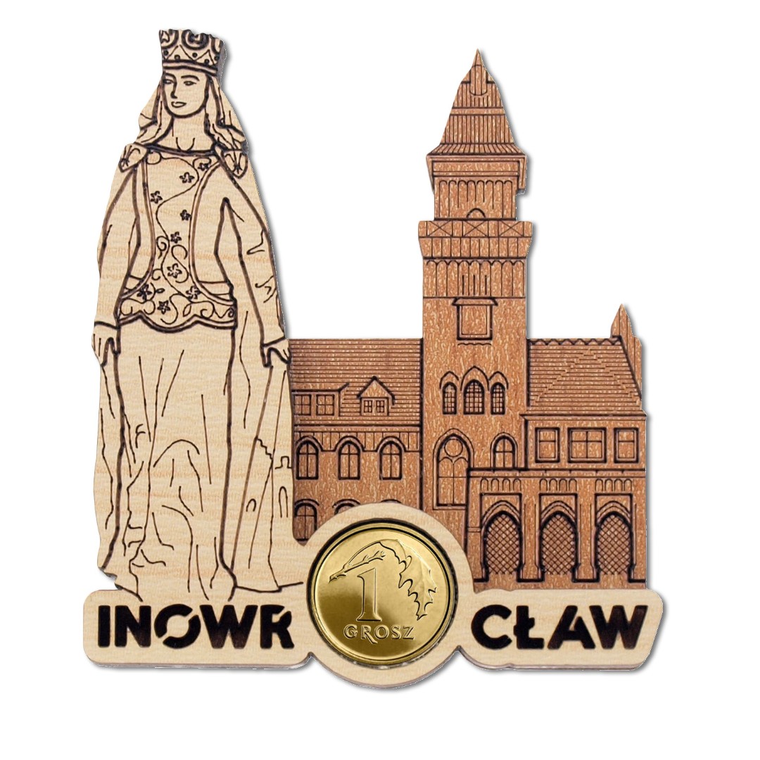 Magnes drewniany Inowrocław Królowa Jadwiga z Groszem